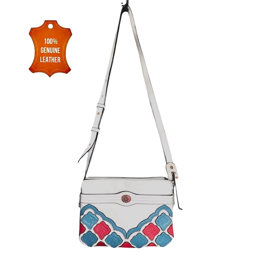 Y2k Genuine Leather Vintage Nanette Lepore White Crossbody Bag medium blue red